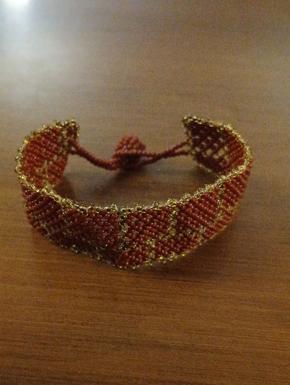 Handcrafted Beaded Bracelet in Red and Gold Unique Beautiful